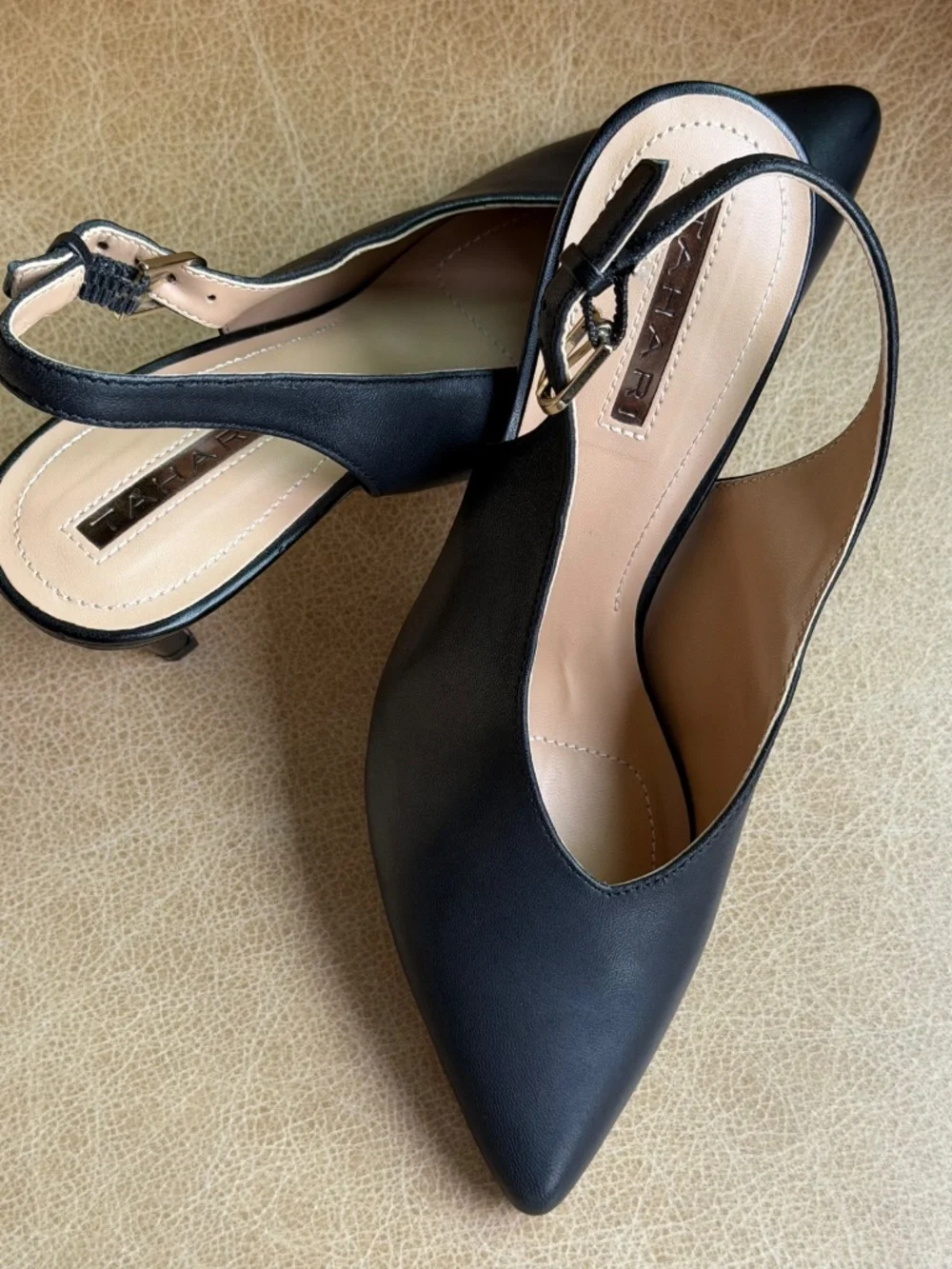 Tahari Black Leather Pointed Slingback Heels - Size 7M